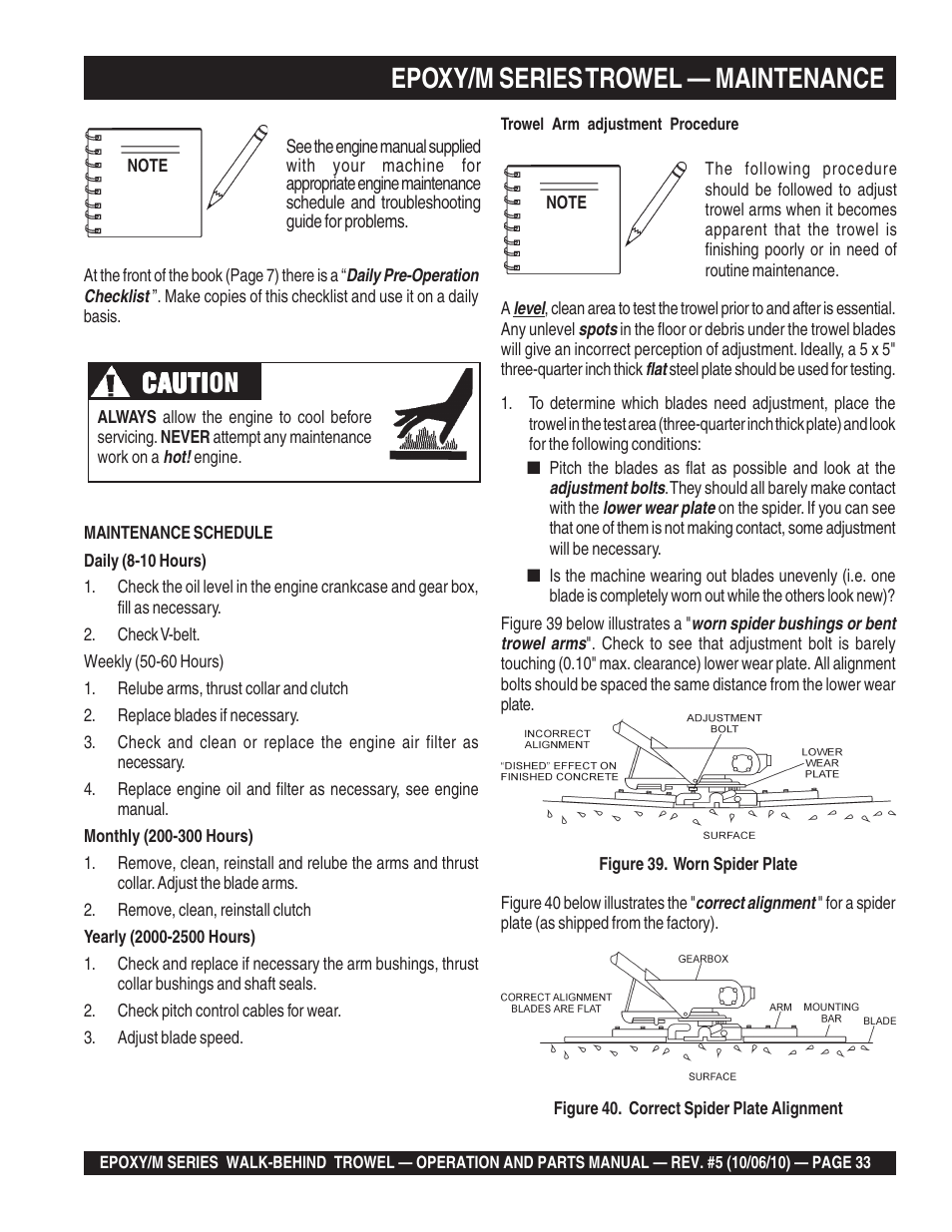 Epoxy/m series trowel — maintenance, Cauti, Cauti caution | Multiquip EPOXY/M SERIES User Manual | Page 33 / 106
