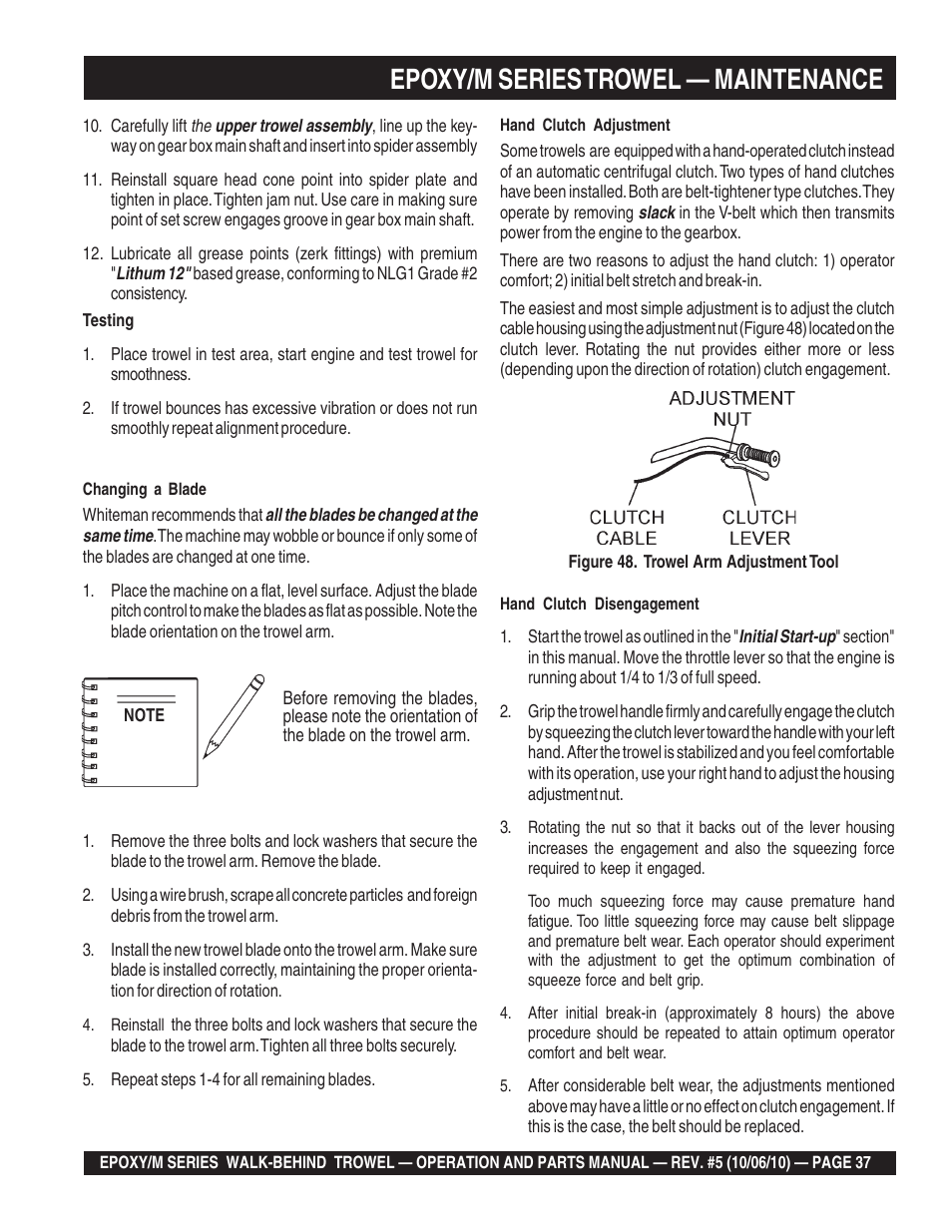 Epoxy/m series trowel — maintenance | Multiquip EPOXY/M SERIES User Manual | Page 37 / 106