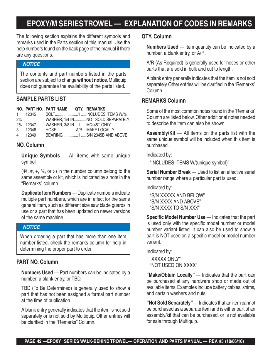 Epoxy/m series trowel, Explanation of codes in remarks column | Multiquip EPOXY/M SERIES User Manual | Page 42 / 106