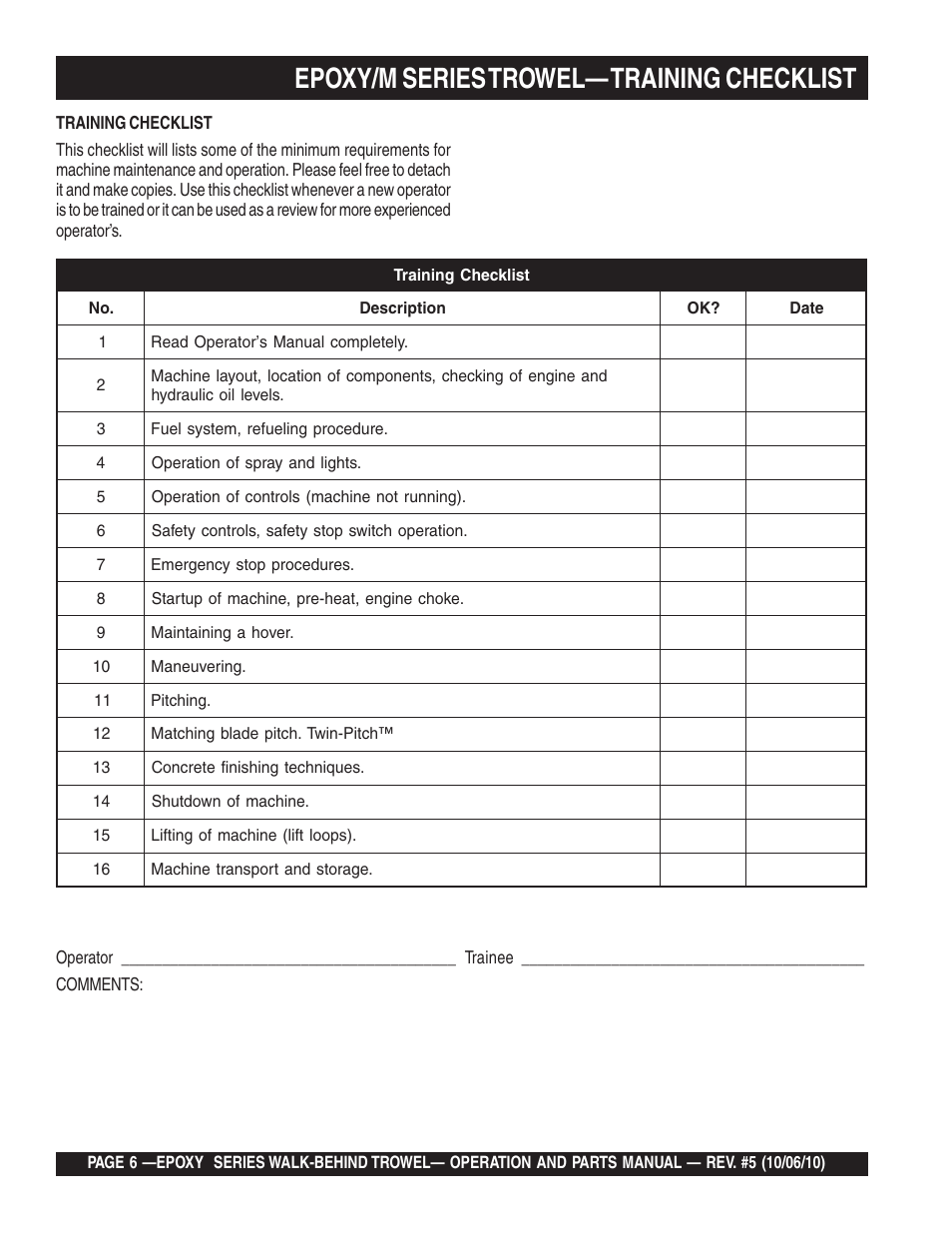Epoxy/m series trowel— training checklist | Multiquip EPOXY/M SERIES User Manual | Page 6 / 106
