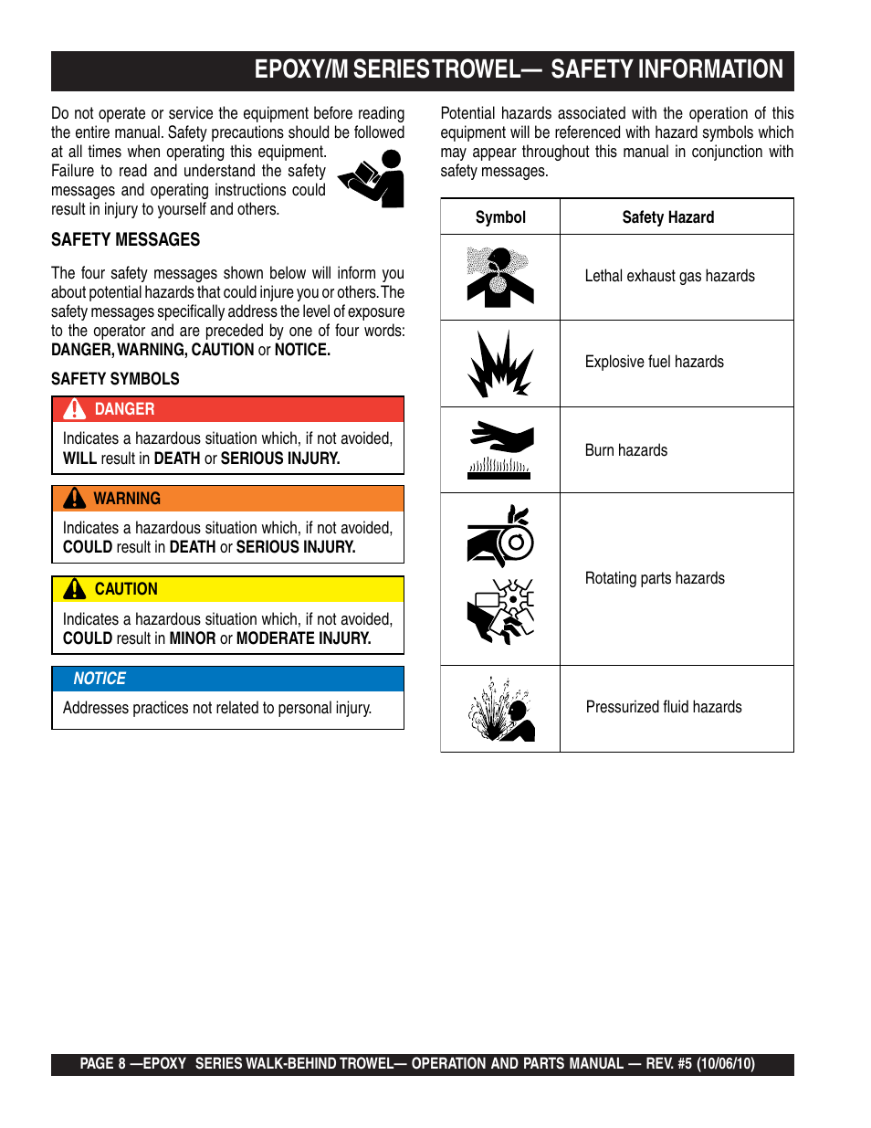 Epoxy/m series trowel— safety information | Multiquip EPOXY/M SERIES User Manual | Page 8 / 106