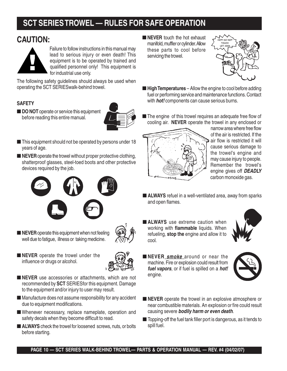 Caution, Sct series trowel — rules for safe operation | Multiquip SCT46 User Manual | Page 10 / 154