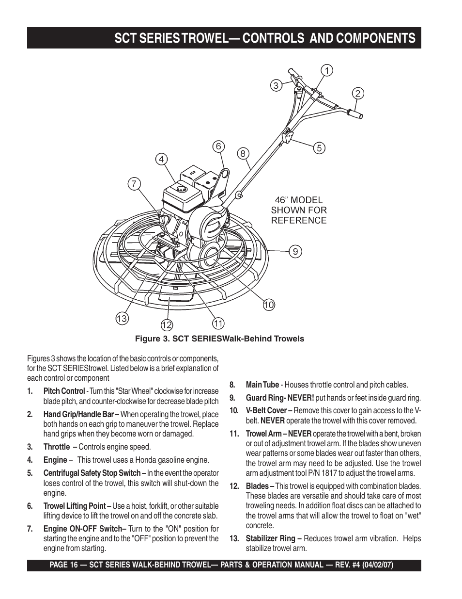 Sct series trowel— controls and components | Multiquip SCT46 User Manual | Page 16 / 154