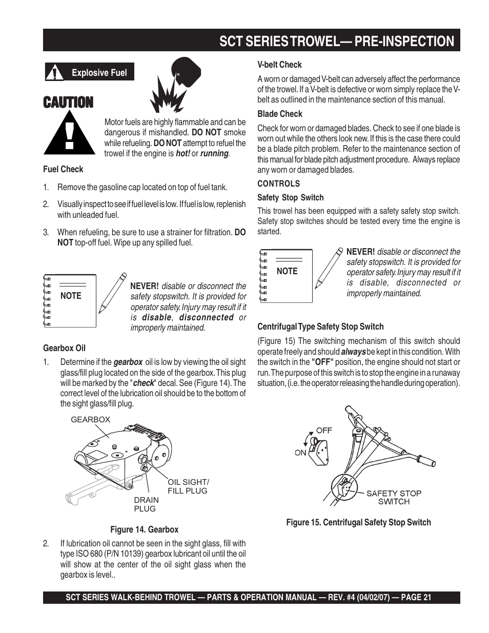 Sct series trowel— pre-inspection, Caution | Multiquip SCT46 User Manual | Page 21 / 154