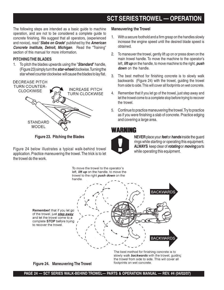 Sct series trowel — operation, Warning | Multiquip SCT46 User Manual | Page 24 / 154