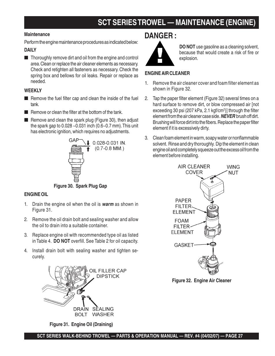 Sct series trowel — maintenance (engine), Danger | Multiquip SCT46 User Manual | Page 27 / 154