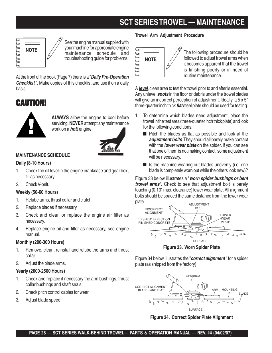 Sct series trowel — maintenance, Caution | Multiquip SCT46 User Manual | Page 28 / 154