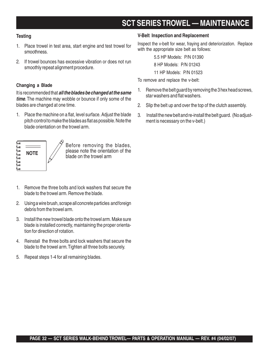Sct series trowel — maintenance | Multiquip SCT46 User Manual | Page 32 / 154