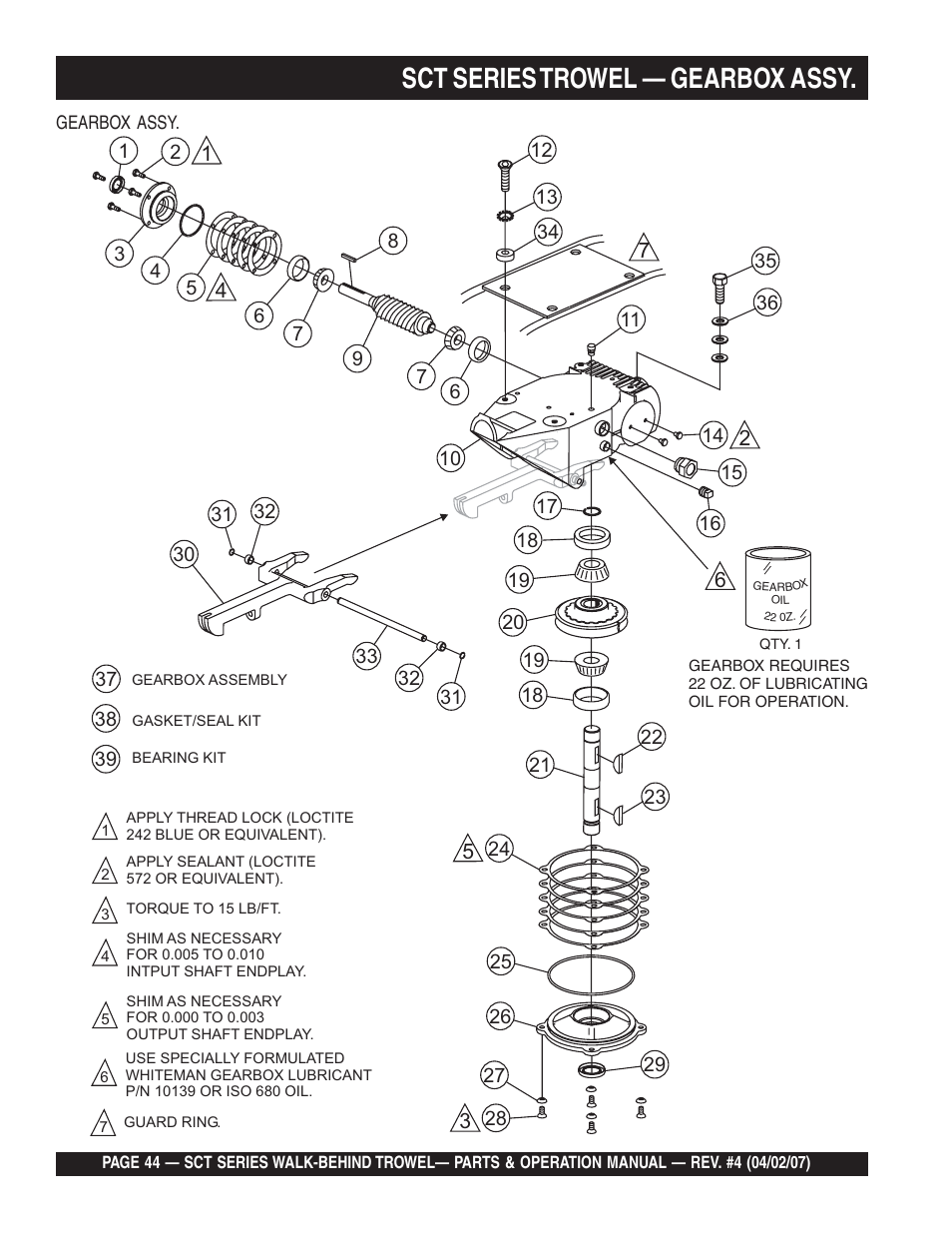 Sct series trowel — gearbox assy | Multiquip SCT46 User Manual | Page 44 / 154