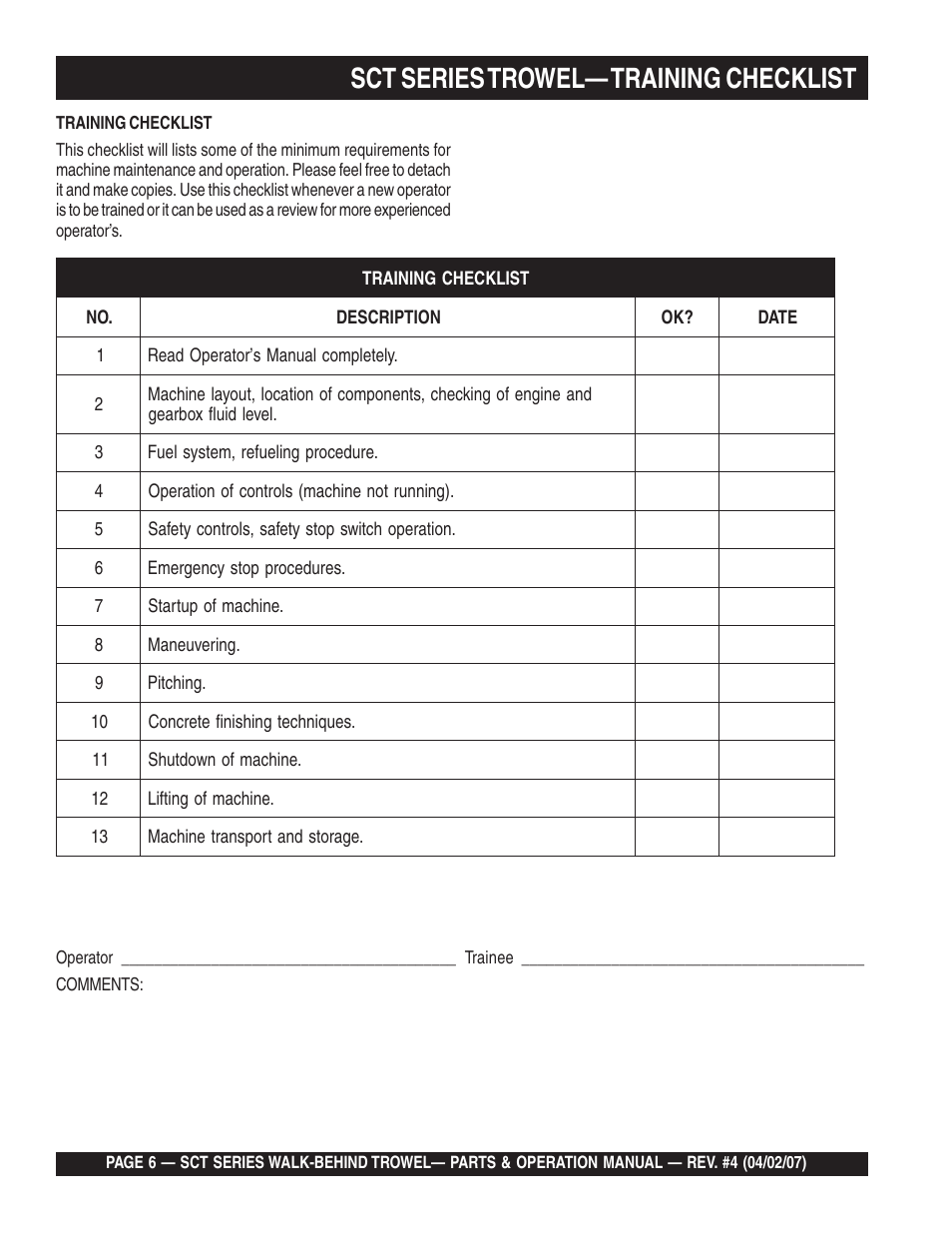 Sct series trowel— training checklist | Multiquip SCT46 User Manual | Page 6 / 154