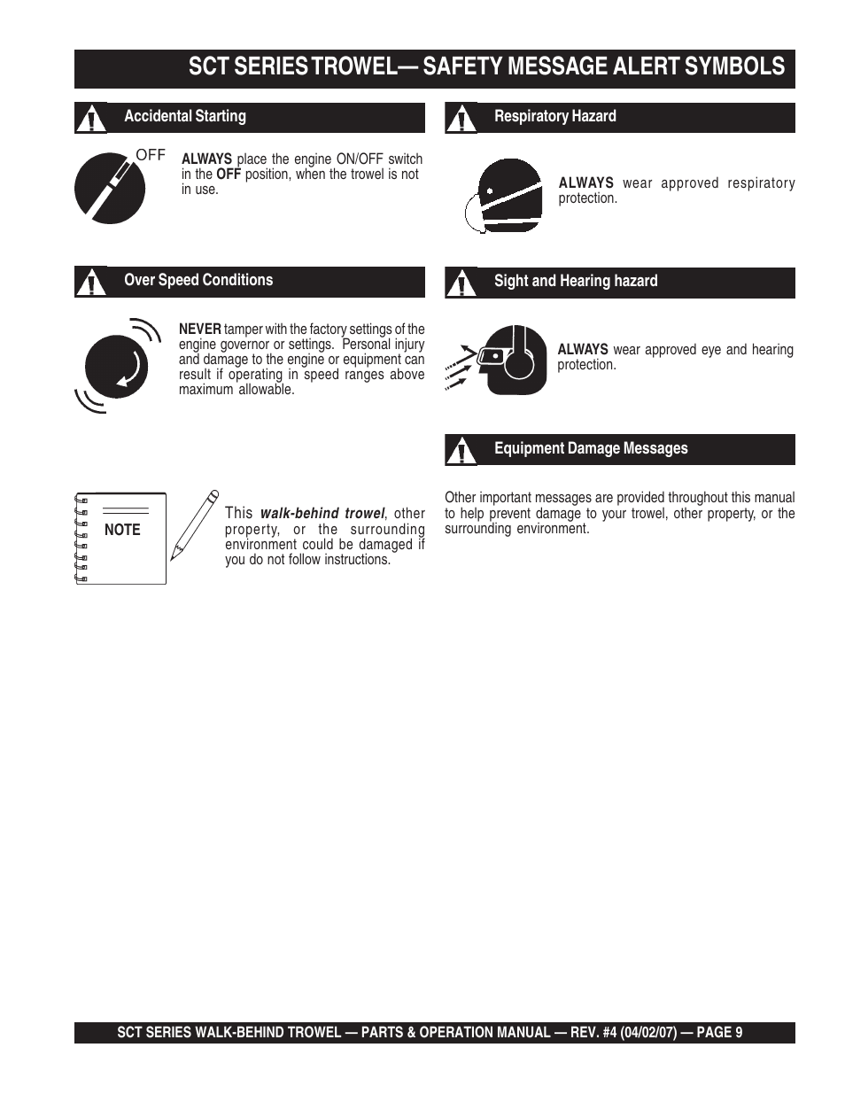 Sct series trowel— safety message alert symbols | Multiquip SCT46 User Manual | Page 9 / 154