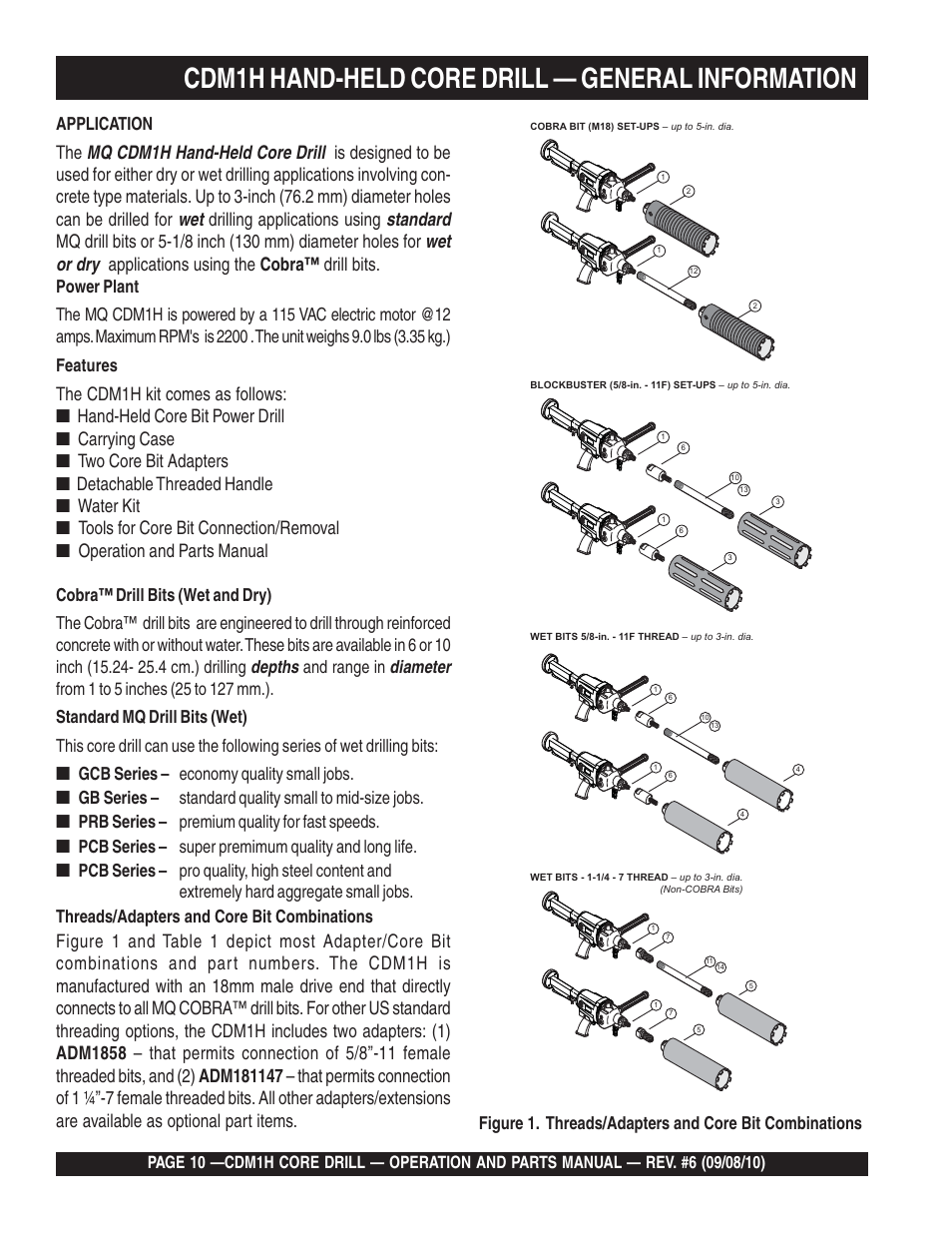 Cdm1h hand-held core drill — general information, Depths, Diameter | Application, And range in, Gcb series – economy quality small jobs, Prb series – premium quality for fast speeds, Pcb series – super premimum quality and long life | Multiquip CDM1H User Manual | Page 10 / 32