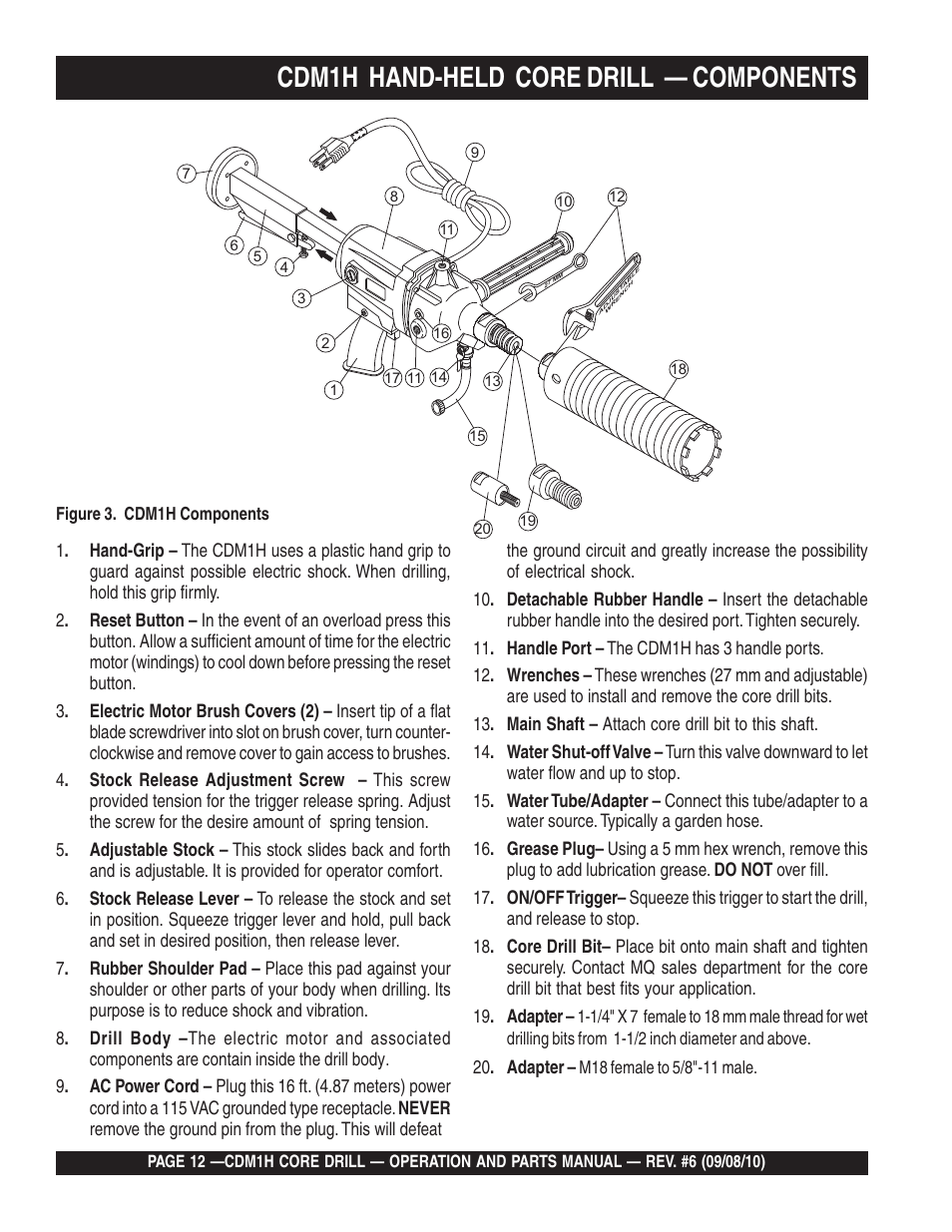 Cdm1h hand-held core drill — components | Multiquip CDM1H User Manual | Page 12 / 32