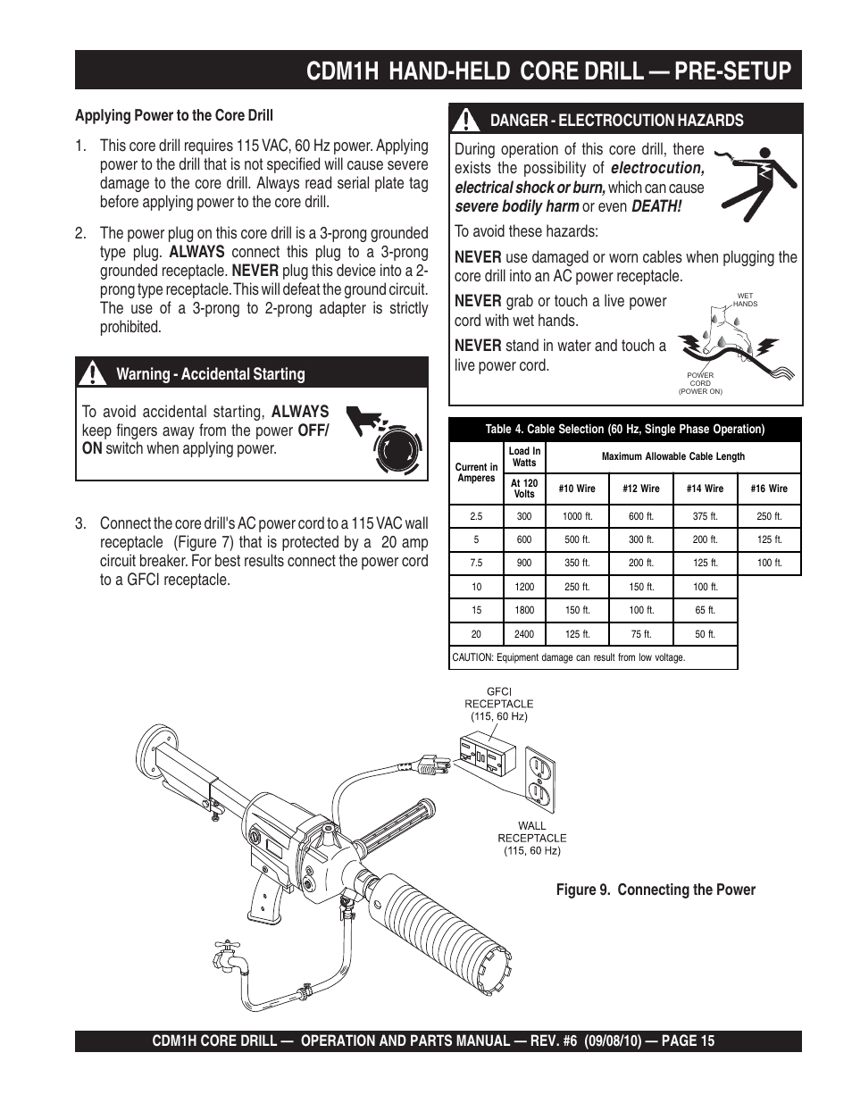 Cdm1h hand-held core drill — pre-setup, Figure 9. connecting the power | Multiquip CDM1H User Manual | Page 15 / 32
