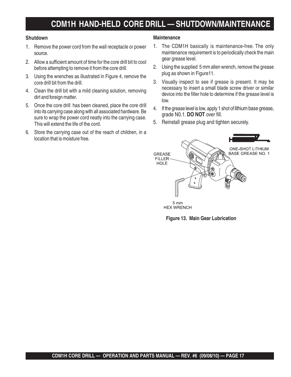 Cdm1h hand-held core drill — shutdown/maintenance | Multiquip CDM1H User Manual | Page 17 / 32