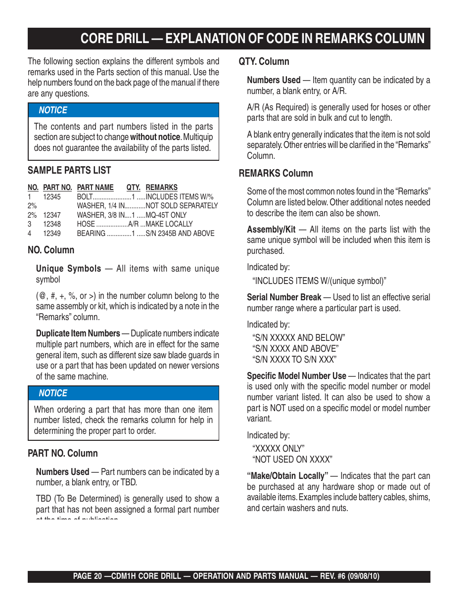 Core drill — explanation of code in remarks column | Multiquip CDM1H User Manual | Page 20 / 32