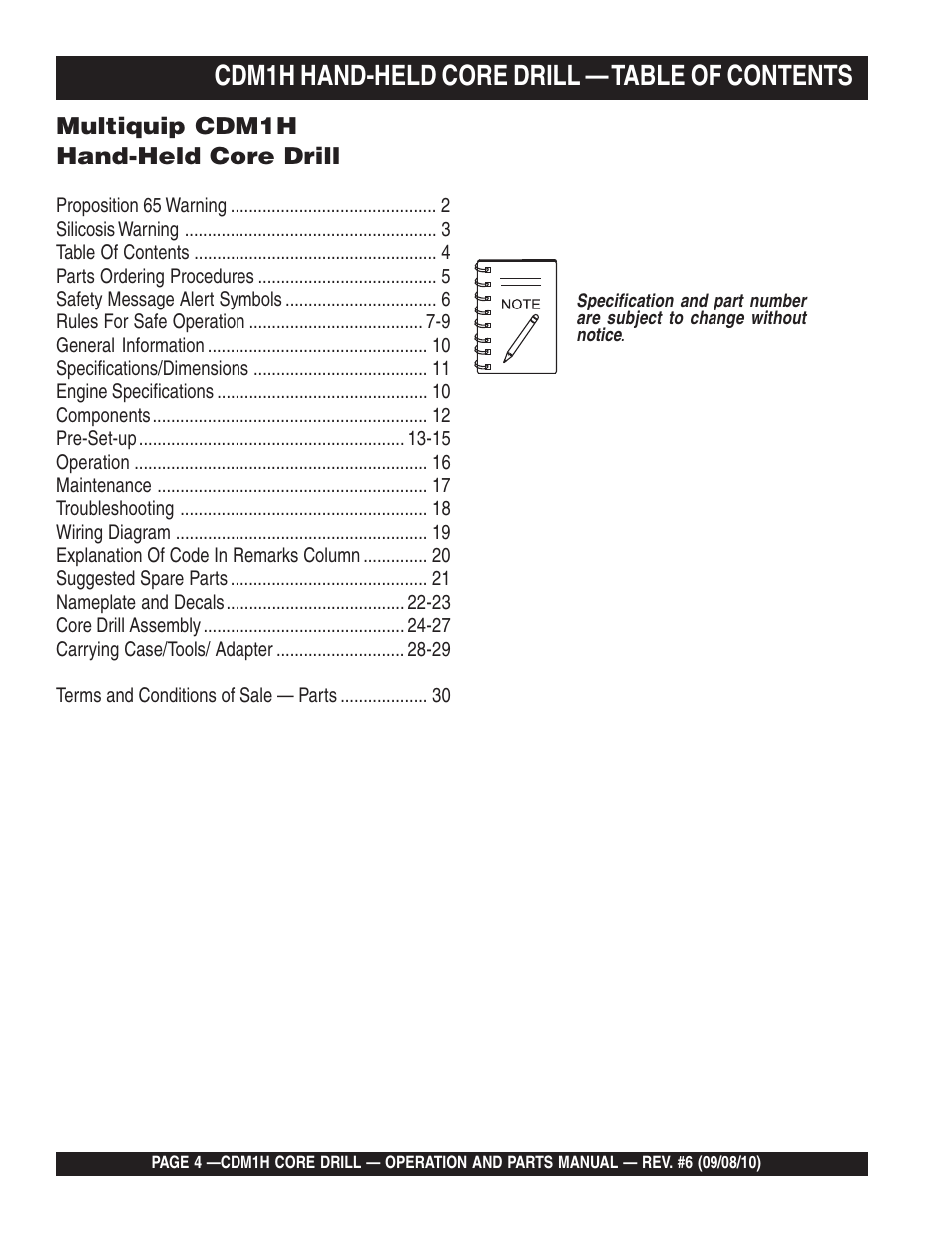 Cdm1h hand-held core drill — table of contents | Multiquip CDM1H User Manual | Page 4 / 32