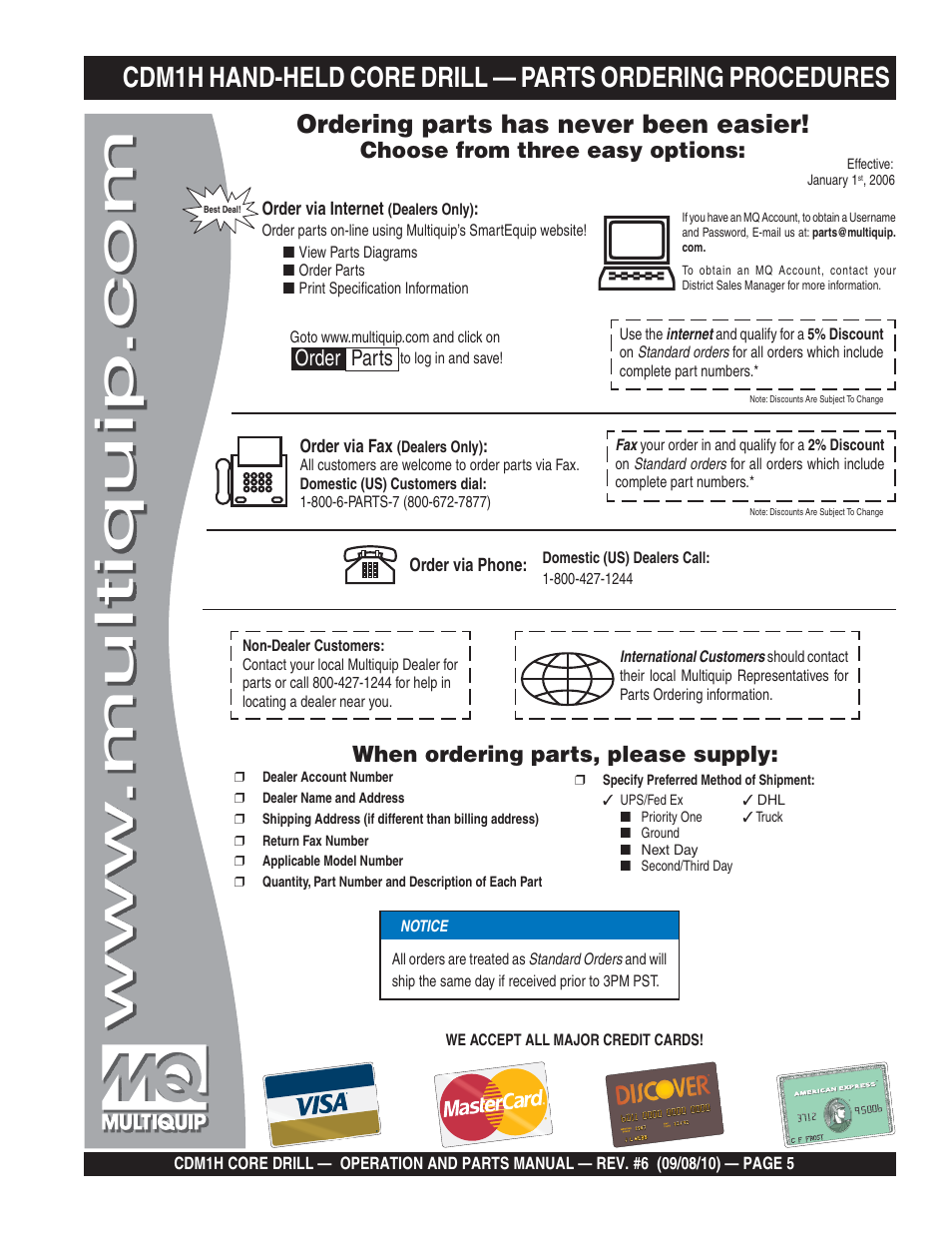 Ordering parts has never been easier, Choose from three easy options, When ordering parts, please supply | Order parts | Multiquip CDM1H User Manual | Page 5 / 32