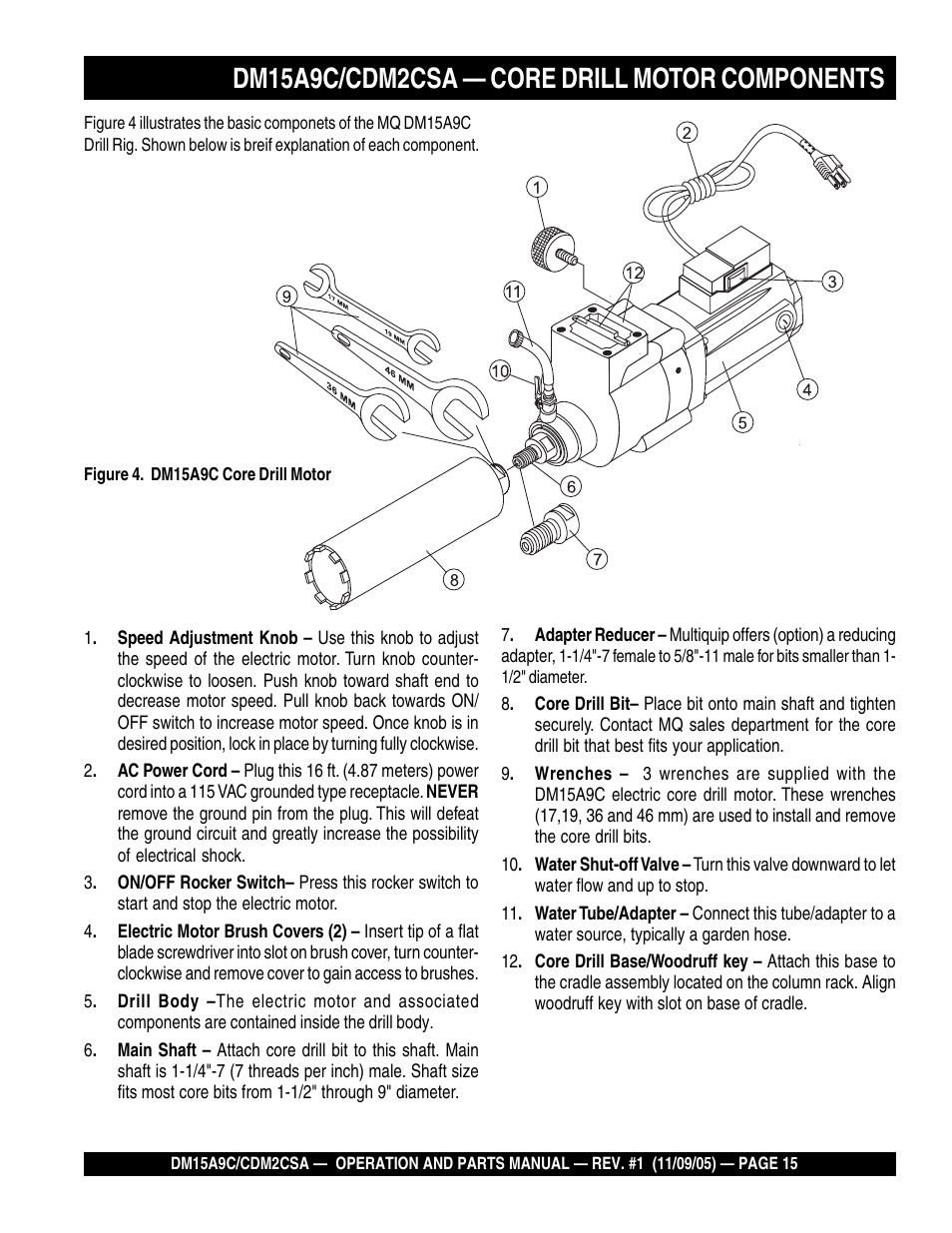 Dm15a9c/cdm2csa — core drill motor components | Multiquip CDM2CSA User Manual | Page 15 / 42