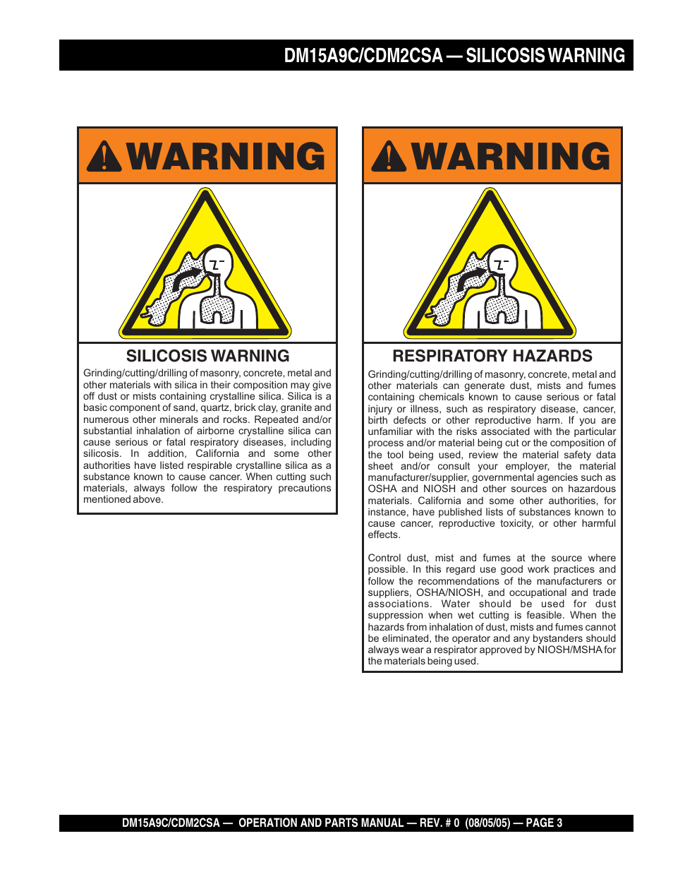 Warning | Multiquip CDM2CSA User Manual | Page 3 / 42