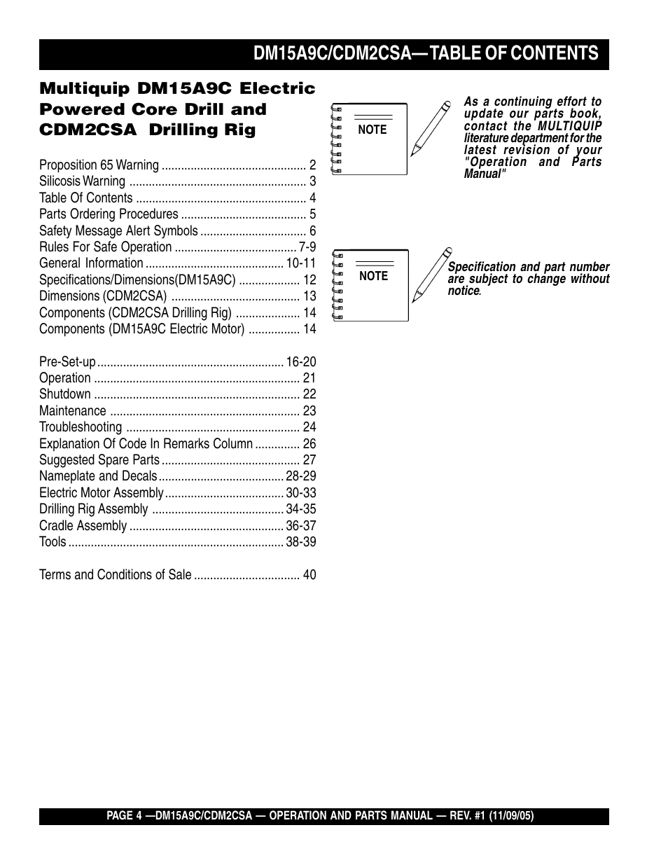 Dm15a9c/cdm2csa— table of contents | Multiquip CDM2CSA User Manual | Page 4 / 42
