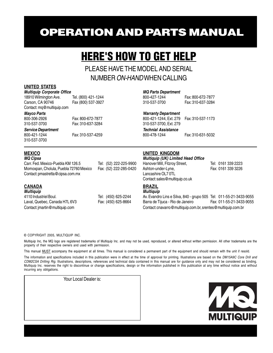 Here's how to get help, Operation and parts manual, On-hand | Please have the model and serial number, When calling | Multiquip CDM2CSA User Manual | Page 42 / 42