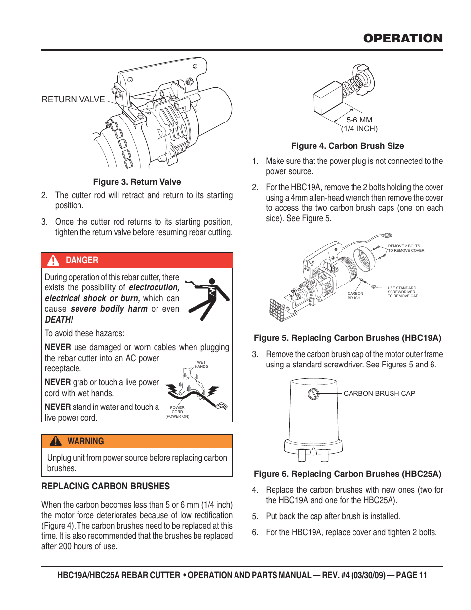 Operation, Replacing carbon brushes | Multiquip HBC25A User Manual | Page 11 / 30