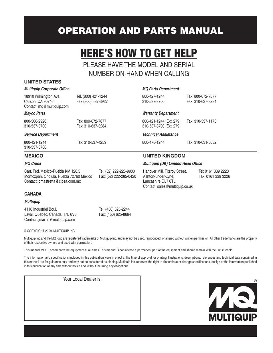 Here’s how to get help, Operation and parts manual | Multiquip HBC25A User Manual | Page 30 / 30