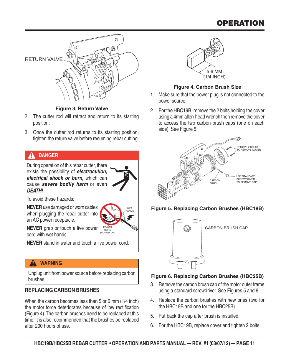 Operation, Replacing carbon brushes | Multiquip HBC25B User Manual | Page 11 / 30