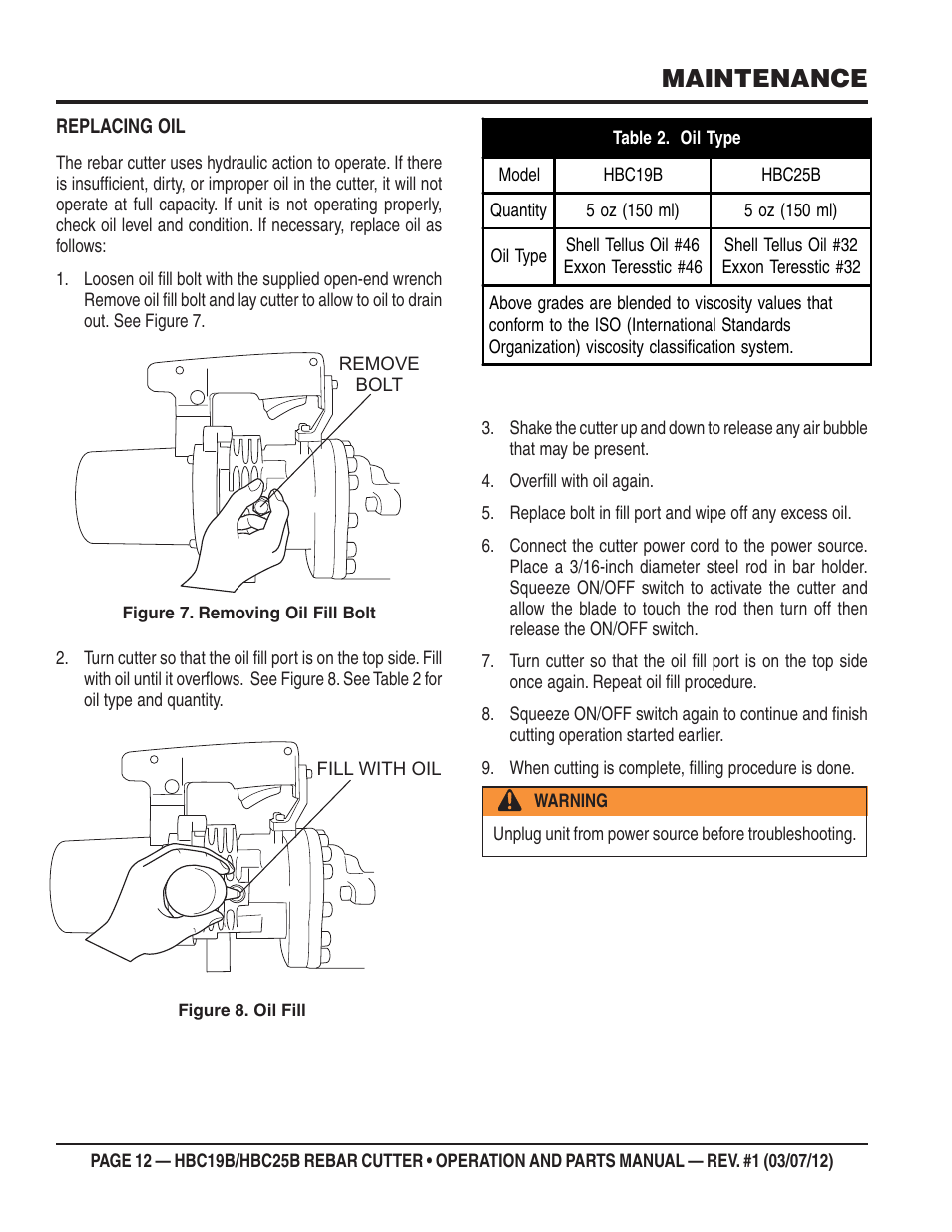 Maintenance | Multiquip HBC25B User Manual | Page 12 / 30