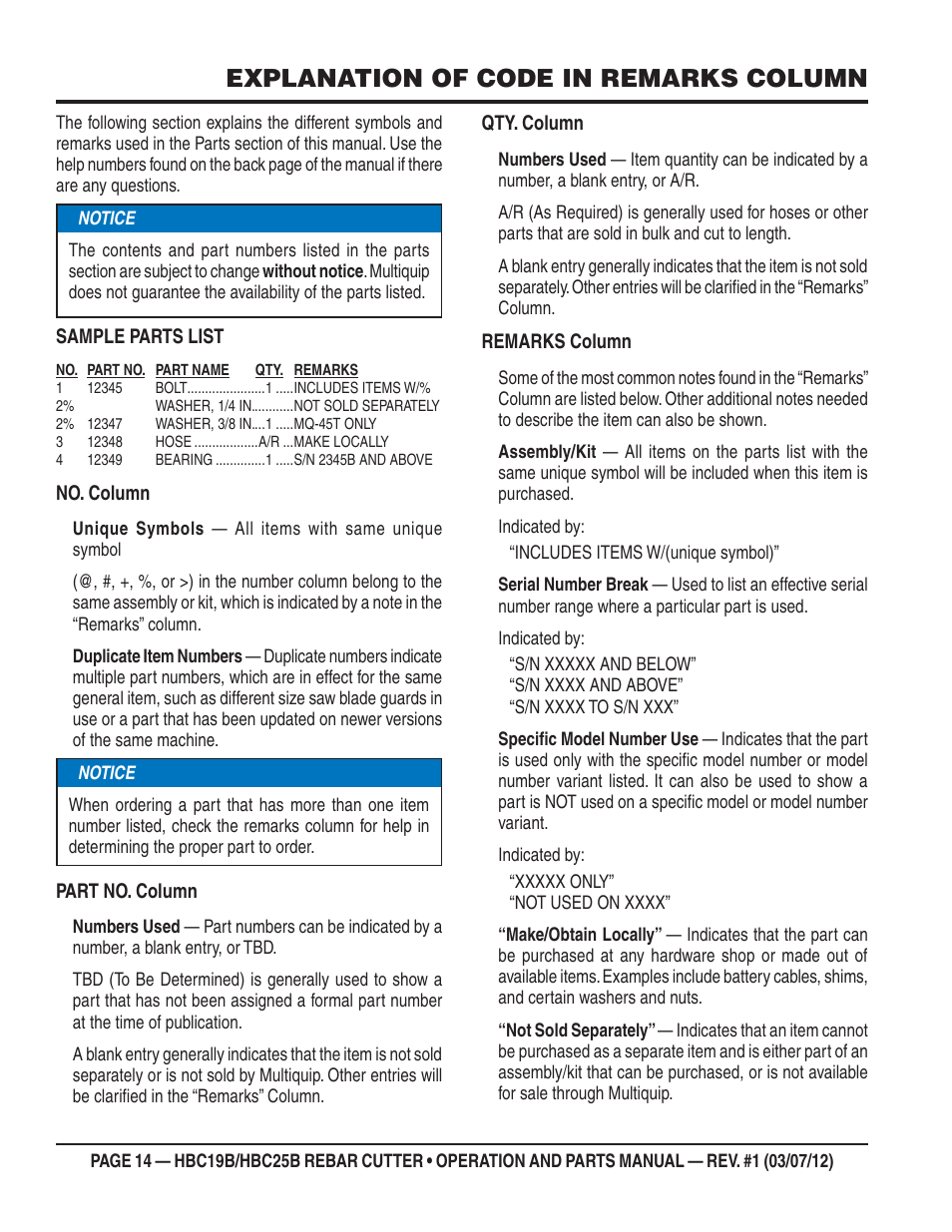 Explanation of code in remarks column | Multiquip HBC25B User Manual | Page 14 / 30