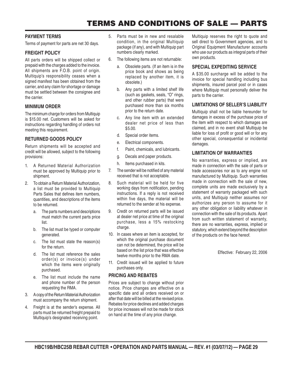 Terms and conditions of sale — parts | Multiquip HBC25B User Manual | Page 29 / 30