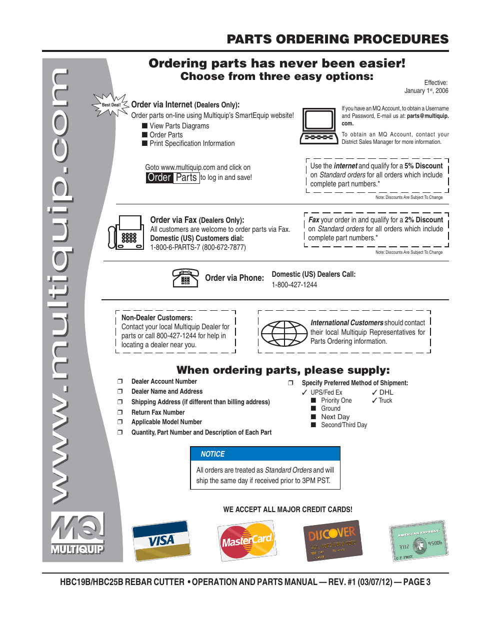 Parts ordering procedures, Ordering parts has never been easier, Choose from three easy options | When ordering parts, please supply, Order parts | Multiquip HBC25B User Manual | Page 3 / 30