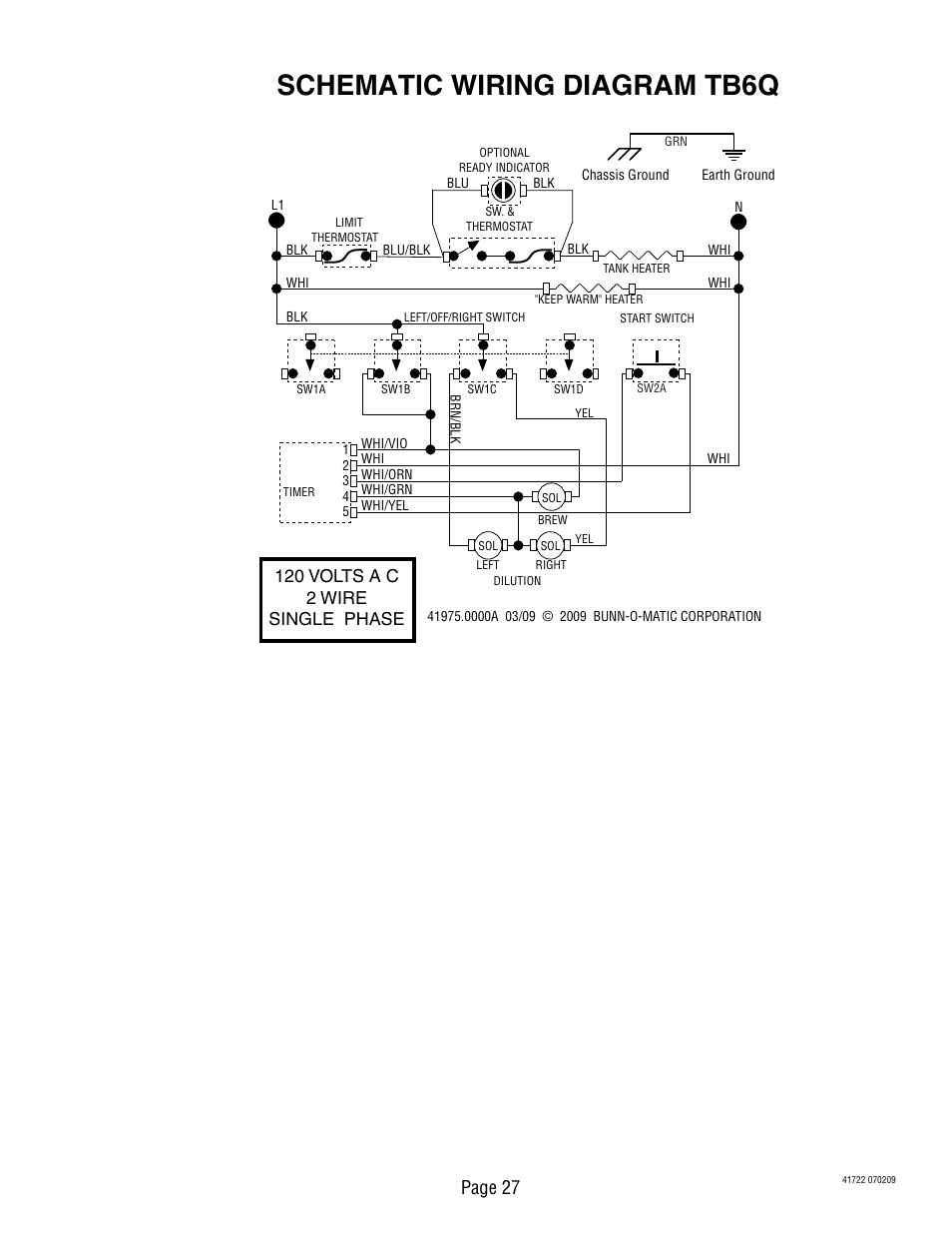 Schematic wiring diagram tb6q, Page 27, 120 volts a c 2 wire single phase | Bunn TB3Q-LP User Manual | Page 27 / 27