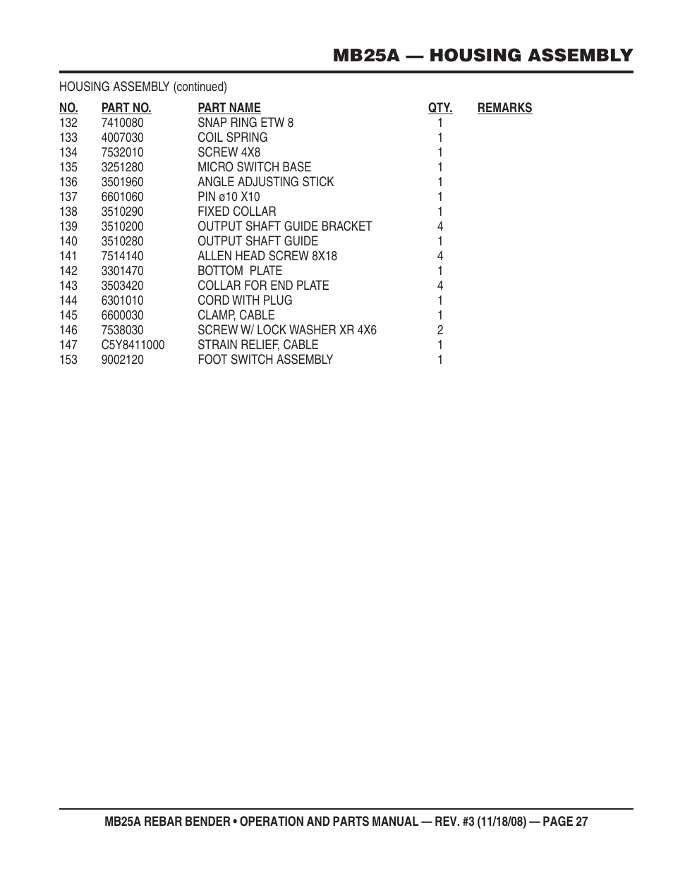 Mb25a — housing assembly | Multiquip MB25A User Manual | Page 27 / 32