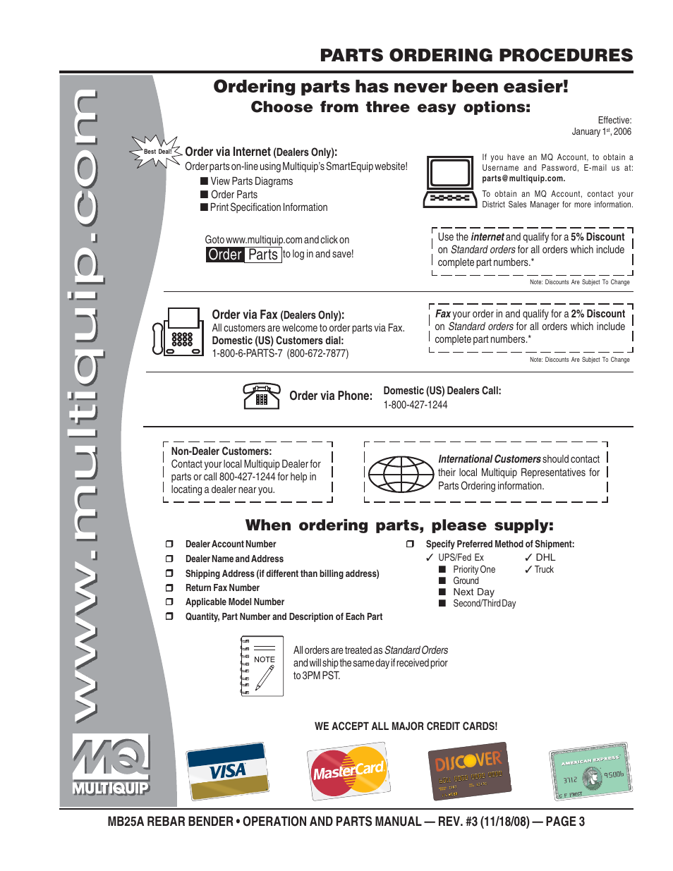 Parts ordering procedures, Ordering parts has never been easier, Choose from three easy options | When ordering parts, please supply, Order parts | Multiquip MB25A User Manual | Page 3 / 32
