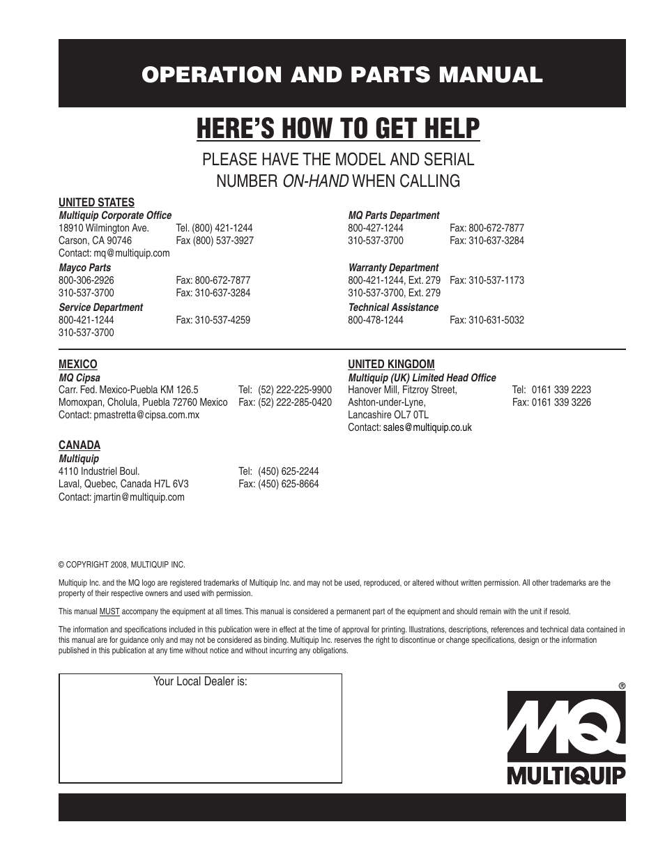 Here’s how to get help, Operation and parts manual, On-hand | Please have the model and serial number, When calling | Multiquip MB25A User Manual | Page 32 / 32