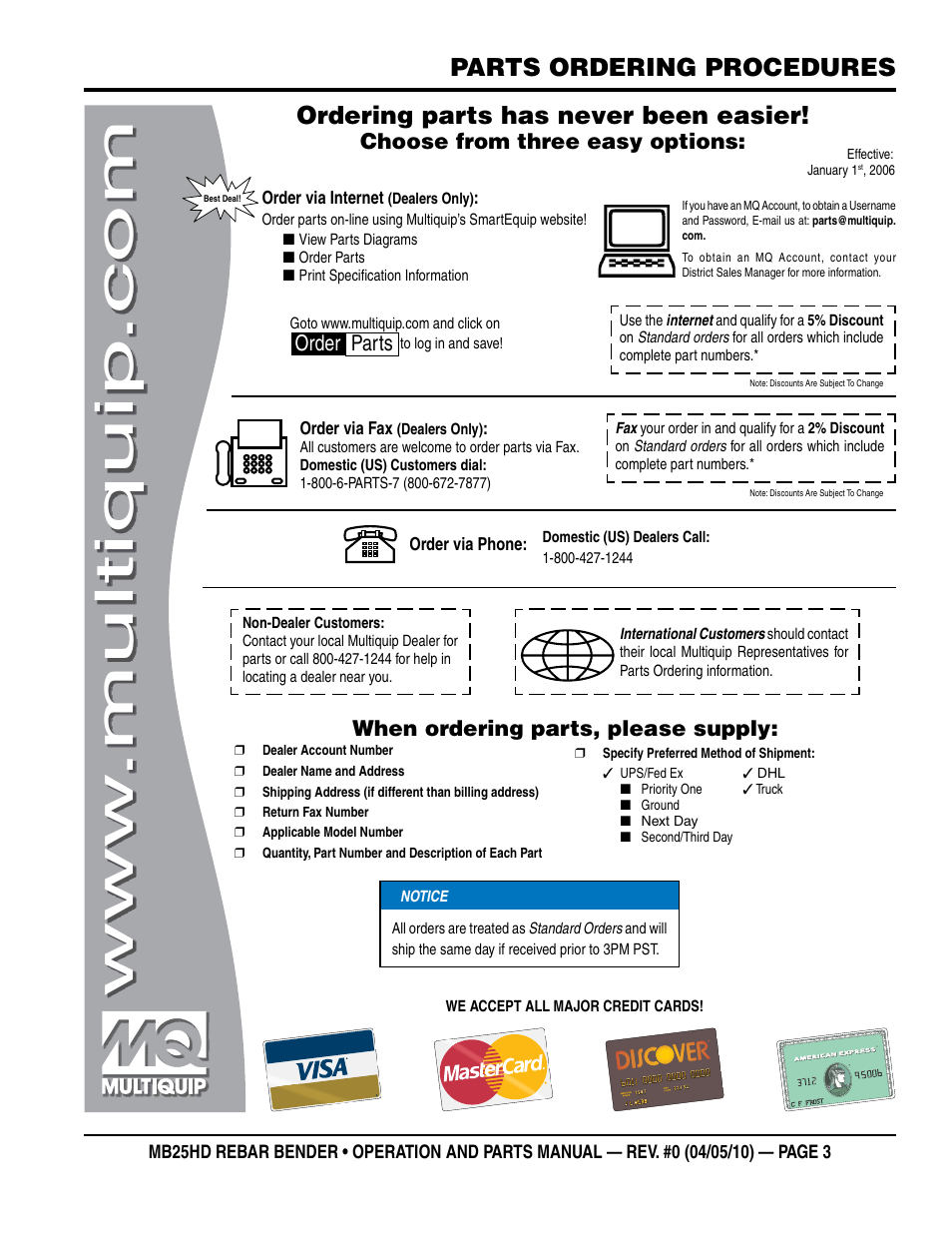 Parts ordering procedures, Ordering parts has never been easier, Choose from three easy options | When ordering parts, please supply, Order parts | Multiquip MB25HD User Manual | Page 3 / 30