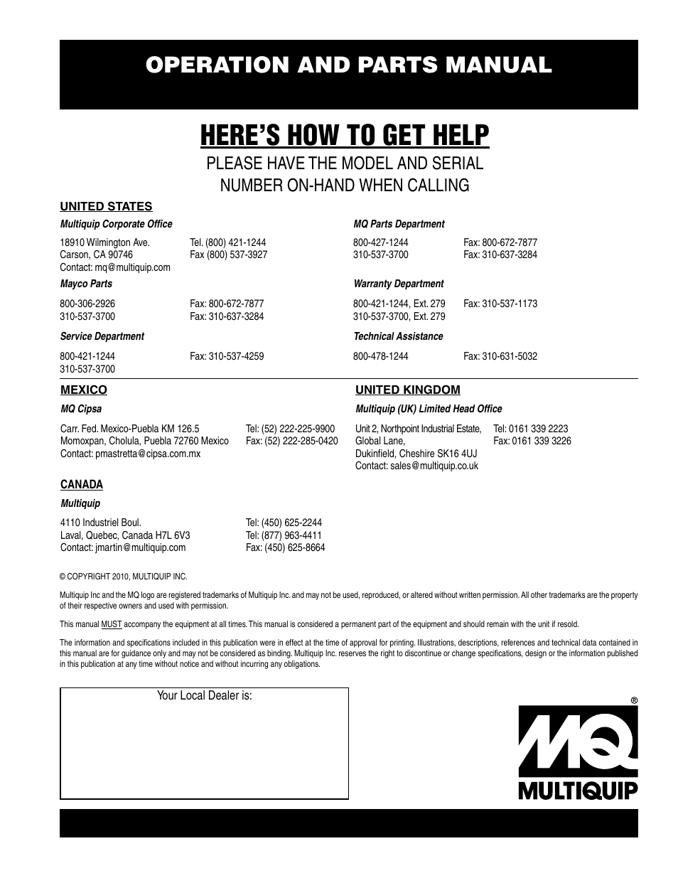 Here’s how to get help, Operation and parts manual | Multiquip MB25HD User Manual | Page 30 / 30