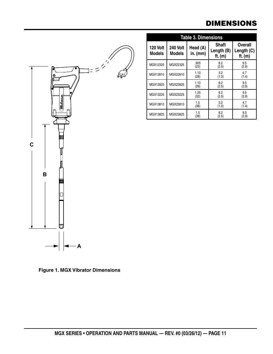 Dimensions, Bc a, Table 3. dimensions | Multiquip MGX-Series User Manual | Page 11 / 30