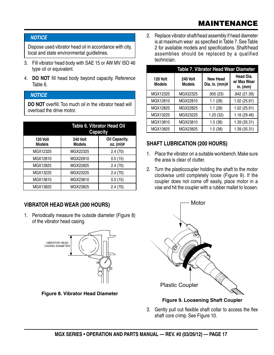 Maintenance, Vibrator head wear (300 hours), Shaft lubrication (200 hours) | Multiquip MGX-Series User Manual | Page 17 / 30