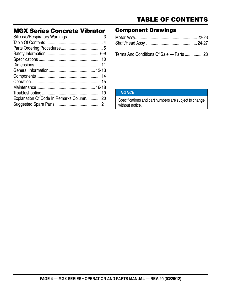 Table of contents mgx series concrete vibrator | Multiquip MGX-Series User Manual | Page 4 / 30