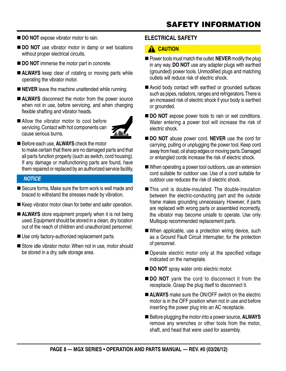 Safety information | Multiquip MGX-Series User Manual | Page 8 / 30