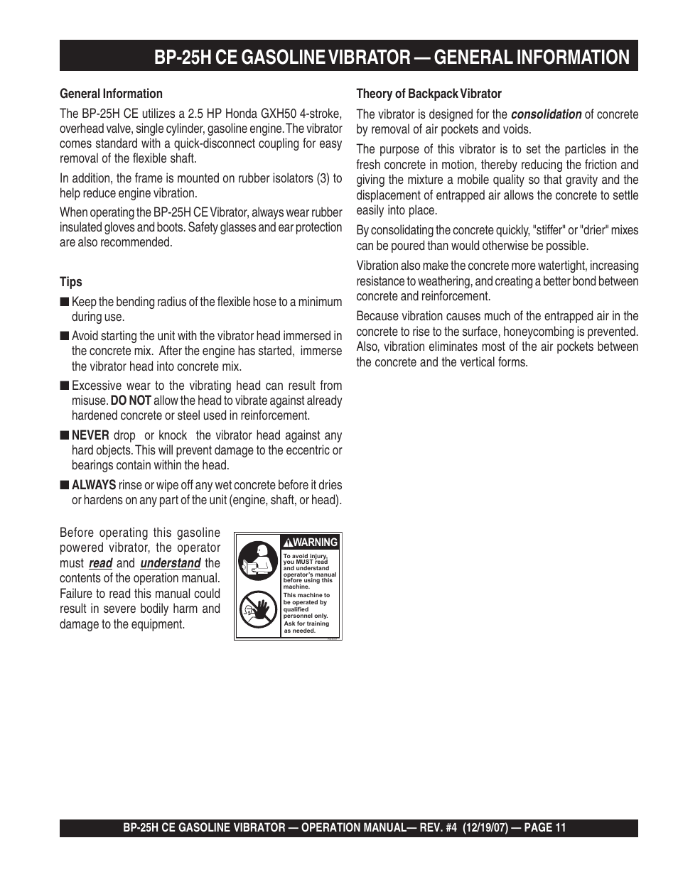 Bp-25h ce gasoline vibrator — general information | Multiquip BP25H_CE User Manual | Page 11 / 68