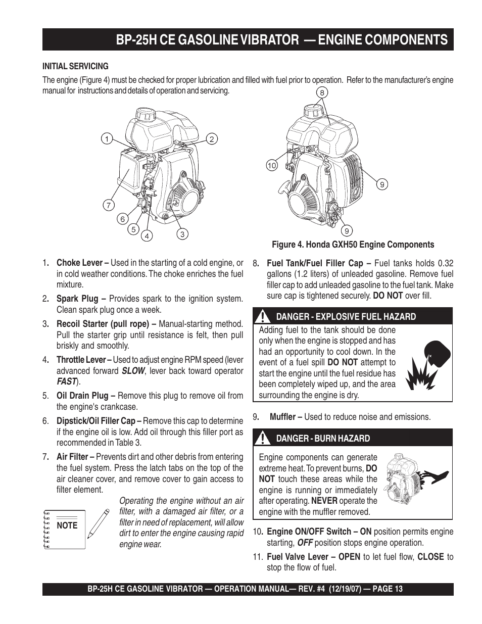 Bp-25h ce gasoline vibrator — engine components | Multiquip BP25H_CE User Manual | Page 13 / 68
