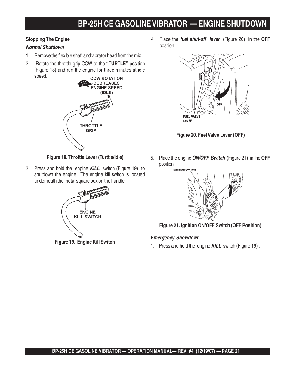 Bp-25h ce gasoline vibrator — engine shutdown | Multiquip BP25H_CE User Manual | Page 21 / 68