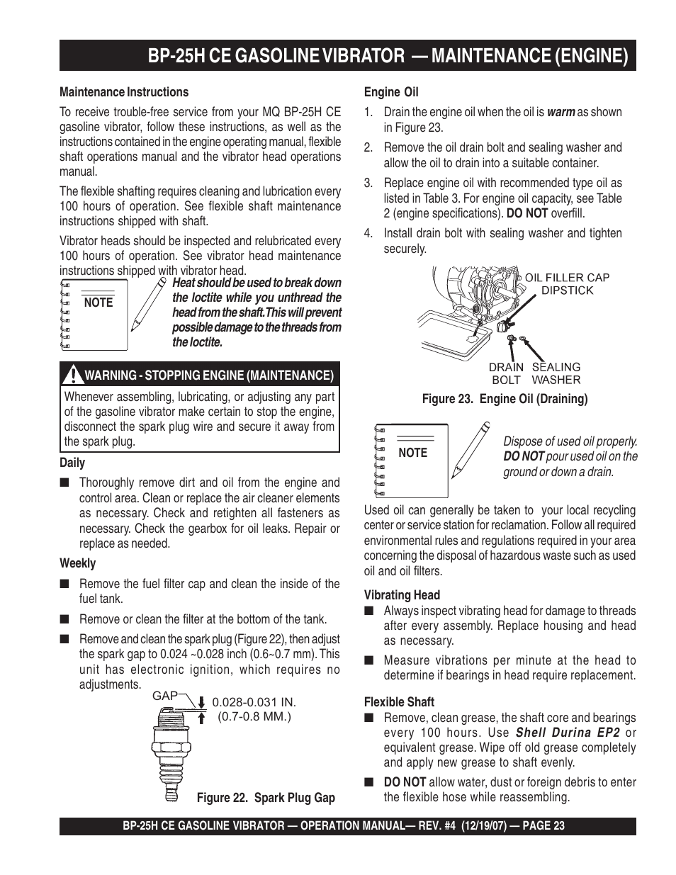 Bp-25h ce gasoline vibrator — maintenance (engine) | Multiquip BP25H_CE User Manual | Page 23 / 68