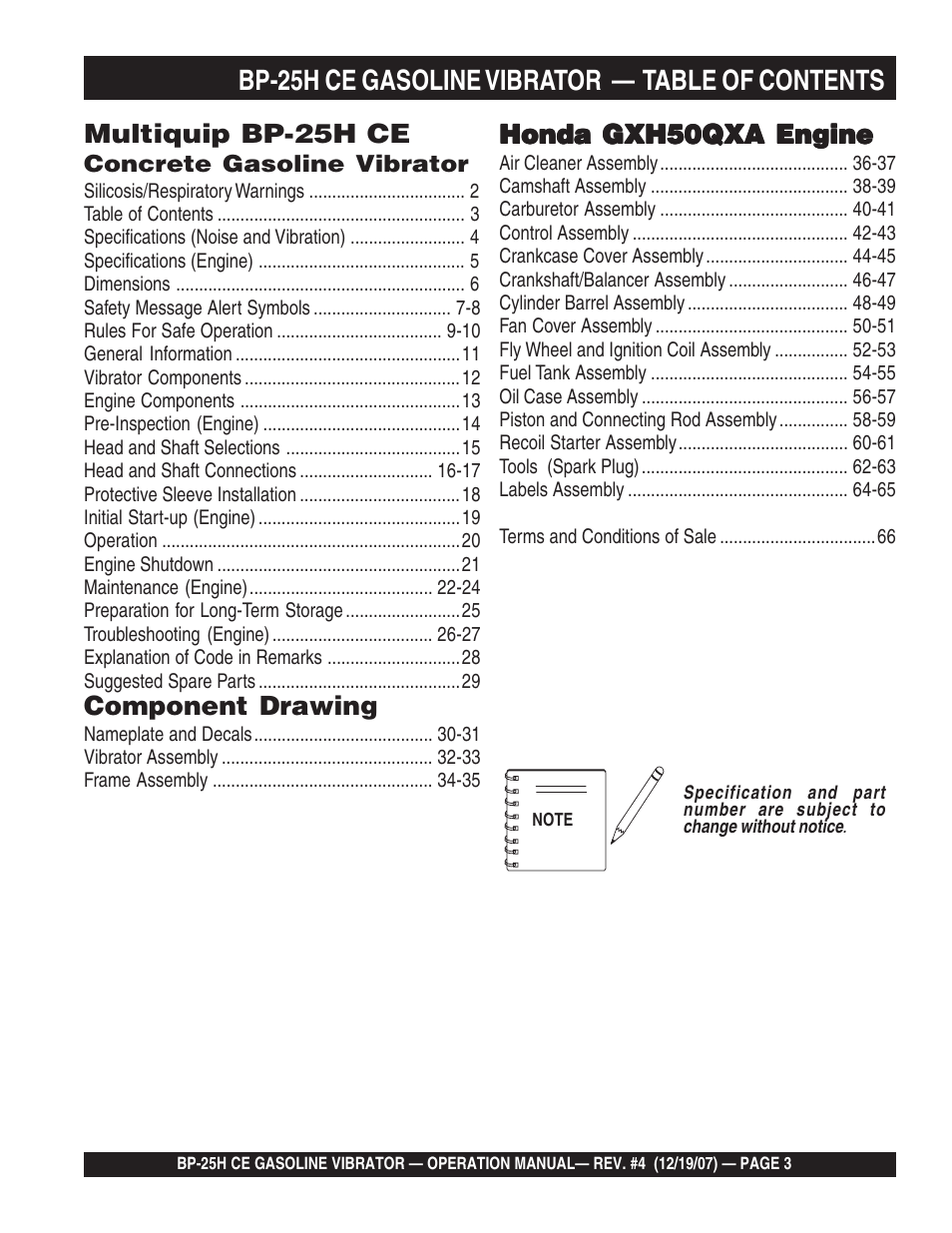Bp-25h ce gasoline vibrator — table of contents, Multiquip bp-25h ce, Component drawing | Honda gxh50qxa engine | Multiquip BP25H_CE User Manual | Page 3 / 68
