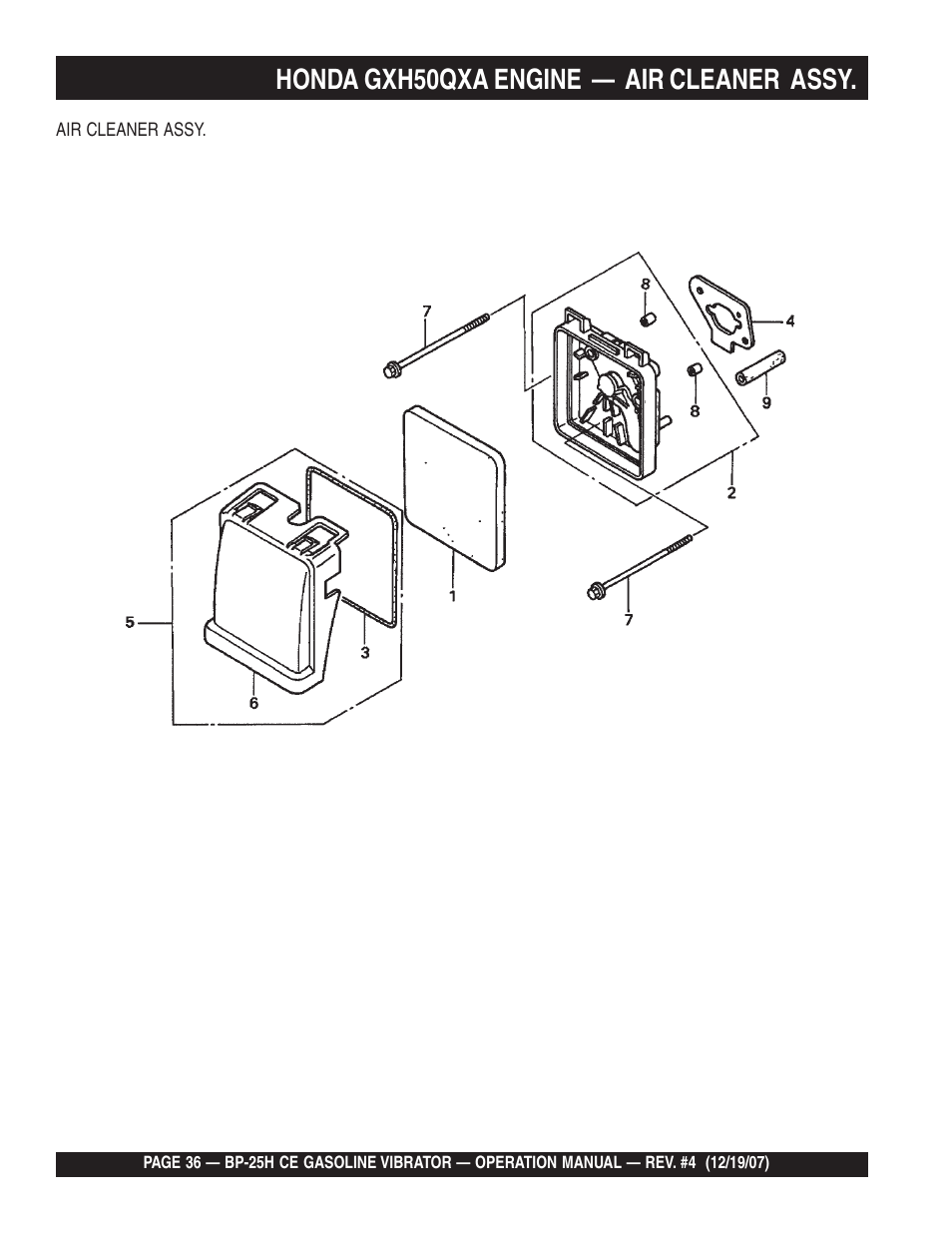 Honda gxh50qxa engine — air cleaner assy | Multiquip BP25H_CE User Manual | Page 36 / 68