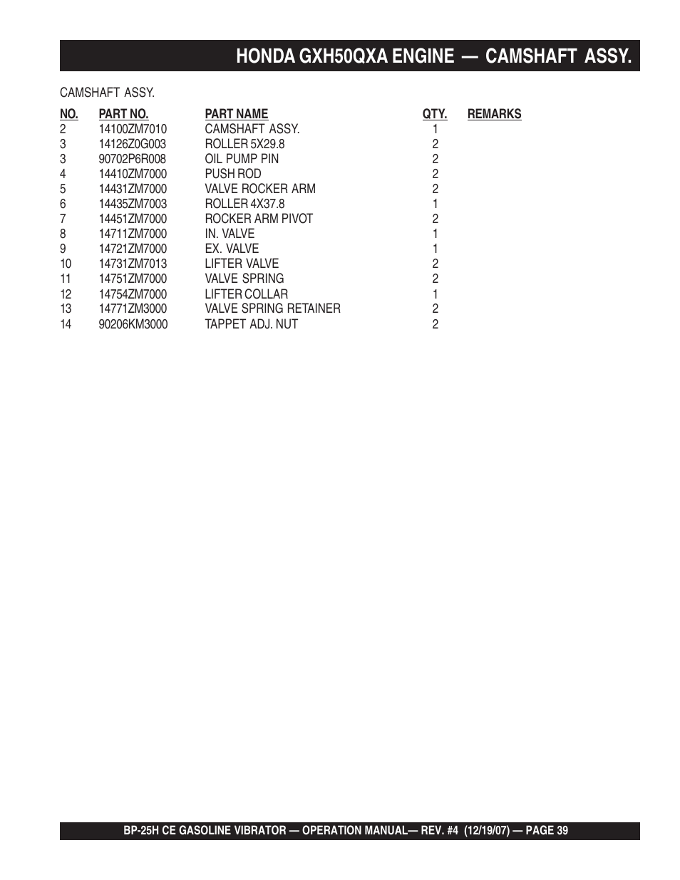 Honda gxh50qxa engine — camshaft assy | Multiquip BP25H_CE User Manual | Page 39 / 68